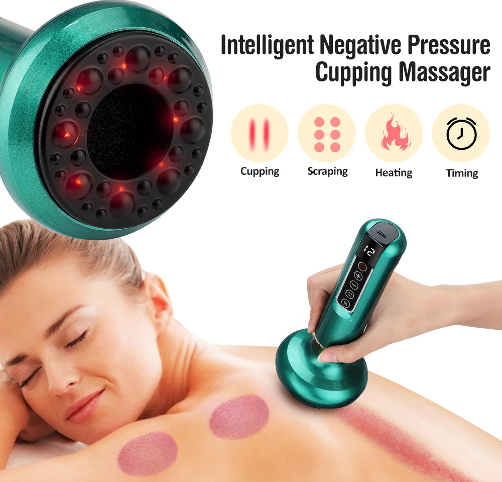 Intelligent Negative Pressure Cupping Massager on skin, featuring cupping and heating functions, promoting relaxation and muscle relief.