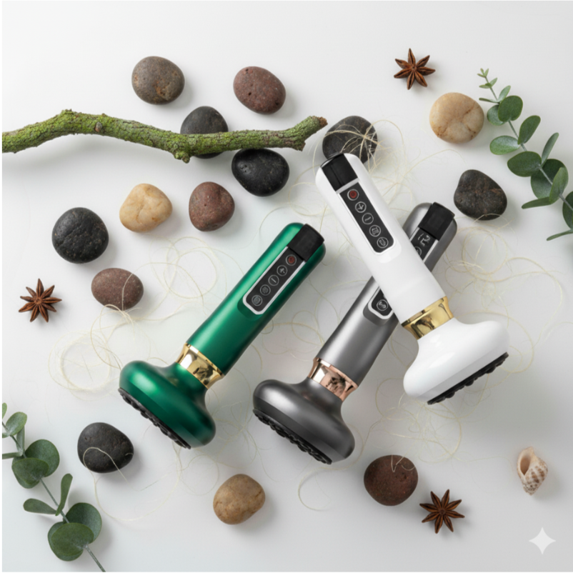 Fresh Gloss cellulite remover massager in green, gray, and white surrounded by stones and leaves on a white background.