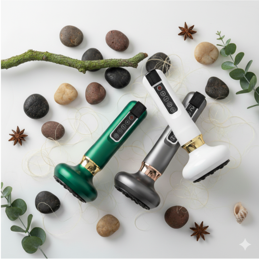 Fresh Gloss cellulite remover massager in green, gray, and white surrounded by stones and leaves on a white background.
