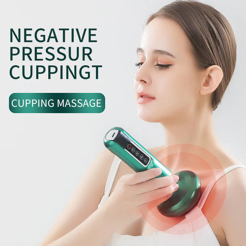 A woman using a cellulite remover massager for cupping massage with negative pressure technology.
